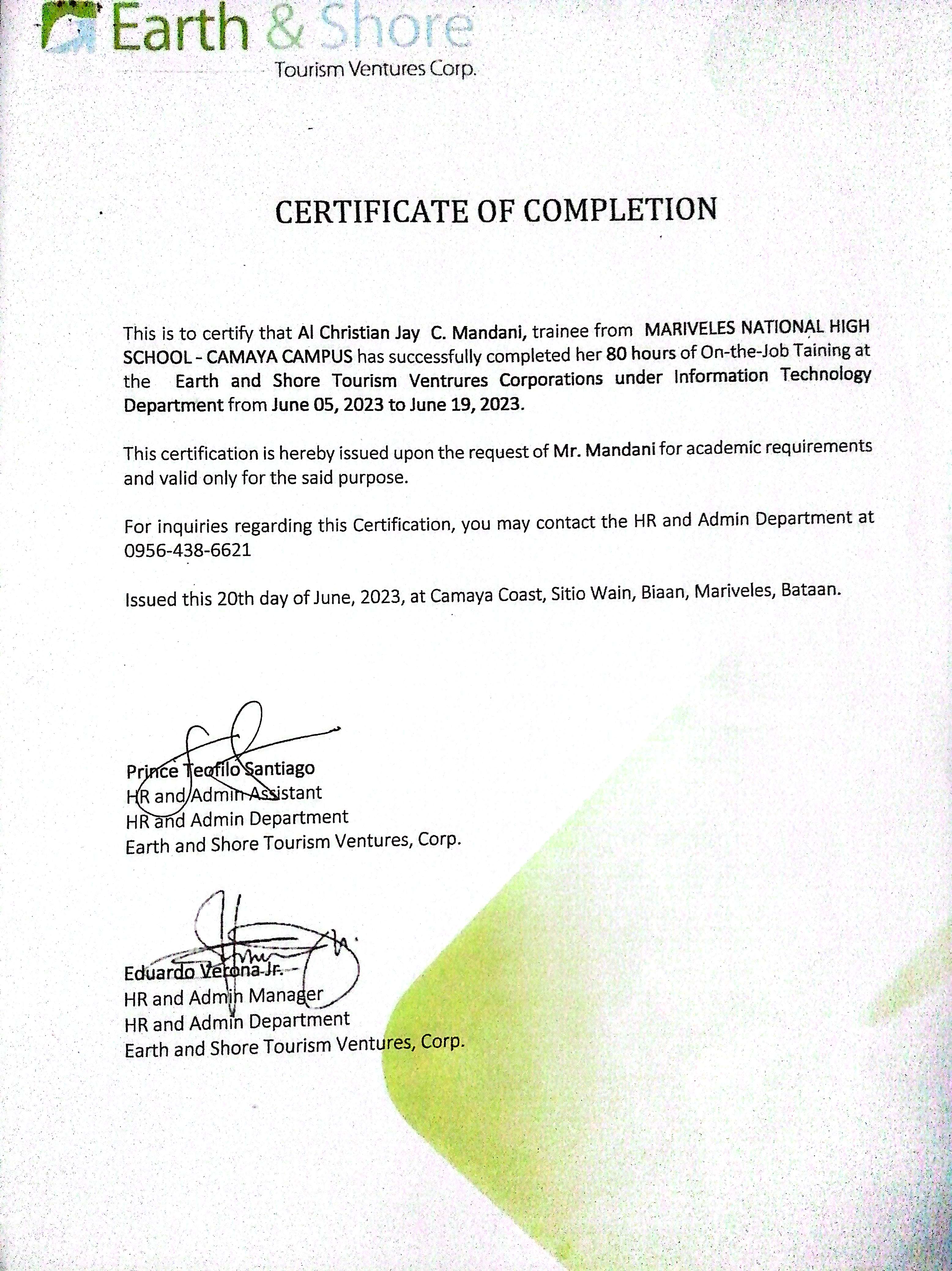Earth and Shore Tourism Ventures Corp Certificate of Completion
